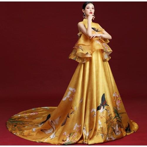 Stand collar ruffled butterfly printing vintage long dress gown stuido/photo shooting/Ball stage performance/can customs size