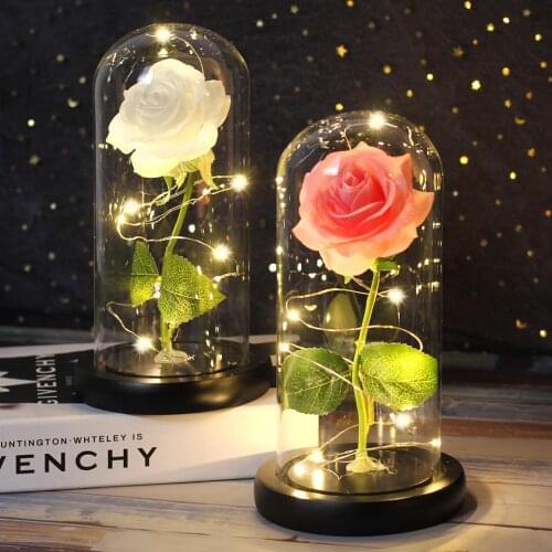 Enchanted Rose Beauty and The Beast Rose with LED Glass Dome Wood Base Eternal Flower Valentines Day Christmas Holiday Gift