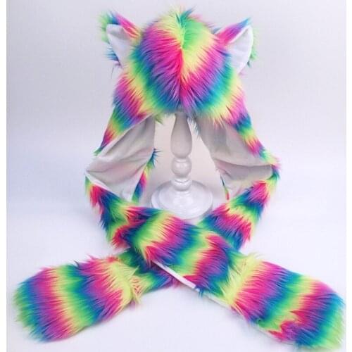 Women Rainbow Furry Animal Hoodie Hat Plush Ears Paws 3 In 1 Cap Scarf Gloves X5XA