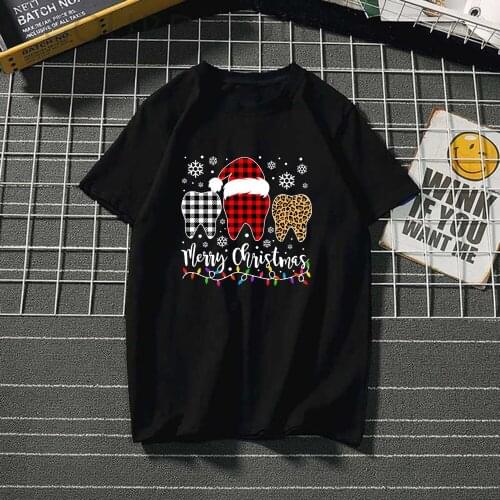 Seeyoushy Woman Tshirts Merry Christmas Three Teeth Printed Graphic Tees Aesthetic Tops for Women Ladies Short Sleeve Plus Size