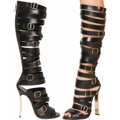 Ladies Gold Buckle Straps Cutout Knee Boots Women MetallicHigh Heel Strappy Peep toe Sandal Boots Mujer Summer Shoes Woman