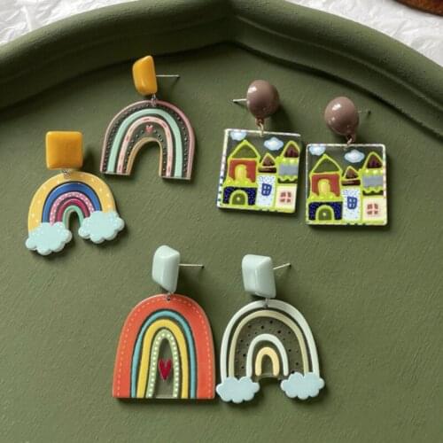 VSnow Summer Funny Asymmetric Rainbow Clouds Dangle Earring for Women Girls Korean Square Arcylic Contrasted Earrings Jewellery