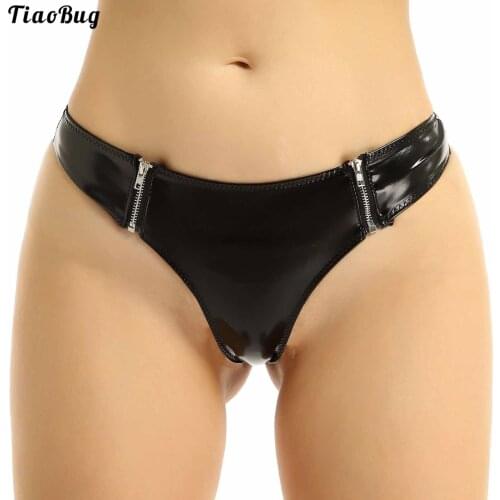 TiaoBug Women Shiny Patent Leather Bikini Briefs Low-Waisted Front Zipper Thong Panties Underpants Underwear Swimwear Swimsuit