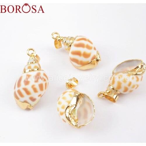 BOROSA 10/20PCS Natural Conch Shell Pendants with Gold Trim Lovely Trumpet Natural Shell Jewelry for Necklace G1658