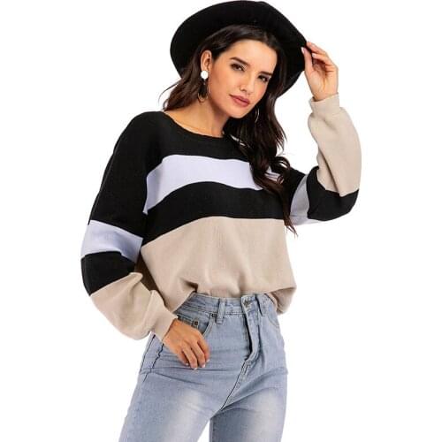 2020 autumn and winter womens new long-sleeved color matching loose tie sweater women