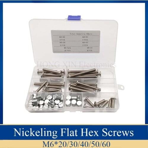 60pcs/set Nickel Plated Hexagon Hex Socket Flat Head Screws&Nuts M6 Length 20-60mm