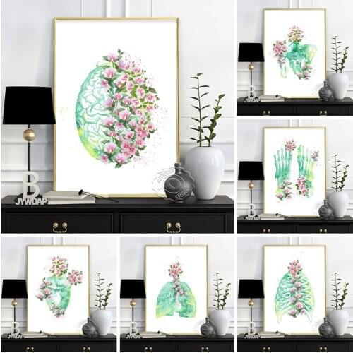 Watercolor Human Anatomy Body Skeleton Sketch Illustration Exhibition Poster, Floral Print Wall Picture, Minimalist Home Decor