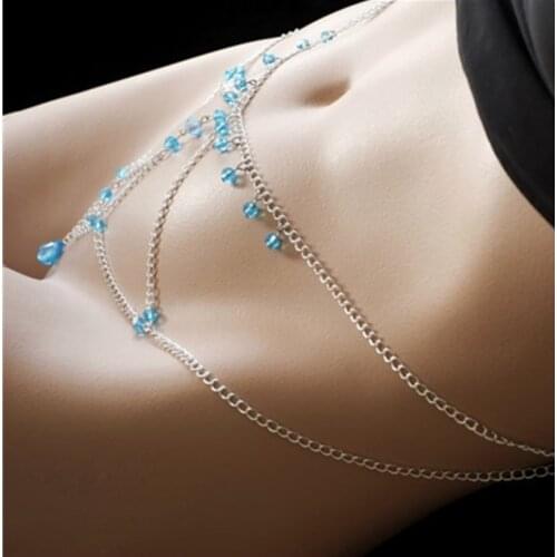 Women Sexy Tassel Multilayer Waist Chain Belly Chains Body jewelry Blue Pendant Button Navel Belly Accessory Harness Beach Gift