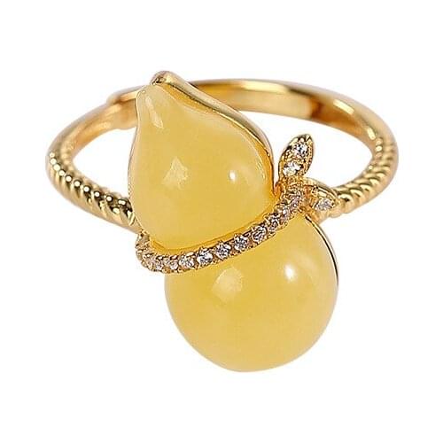 S925 sterling silver gold-plated natural amber ring retro personalized gourd Fu Lu Womens Open ring