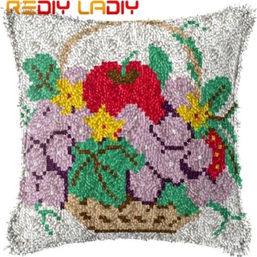 Latch Hook Cushion Basket of Fruits Pillow Case Printed Color Canvas Acrylic Yarn Latched Hook Pillow Crochet Cushion Cover Kits