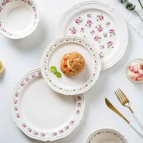 MDZF SWEETHOME 8/10inch French Flower Ceramic Serving Plate Noodle Pasta Steak Plate Kitchen Dinnerware Dessert Bread Dish