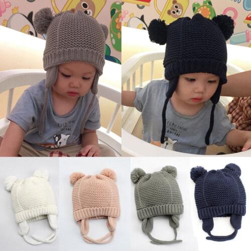 2020 New Toddler Kid Baby Girl Boy Knitted Beanies 3D Fur Ball Bear Ears Autumn Winter Soft Cotton Beanie Solid Warm Hats