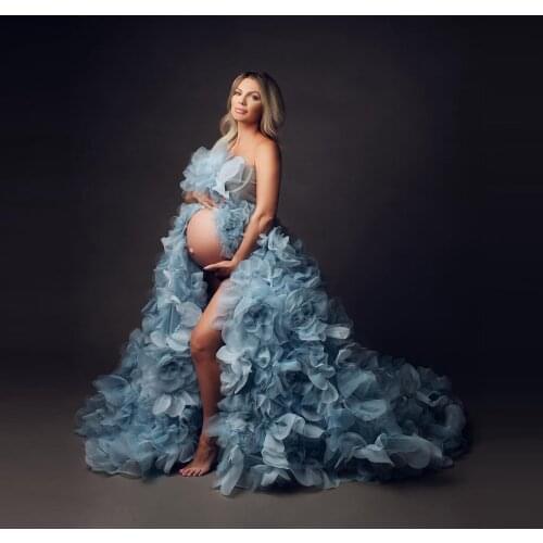 New In Flowers Maternity Gowns For Photo Shoot Strapless With Split Long Train Extra Puffy Plus Size Bridal Pregnancy Dresses