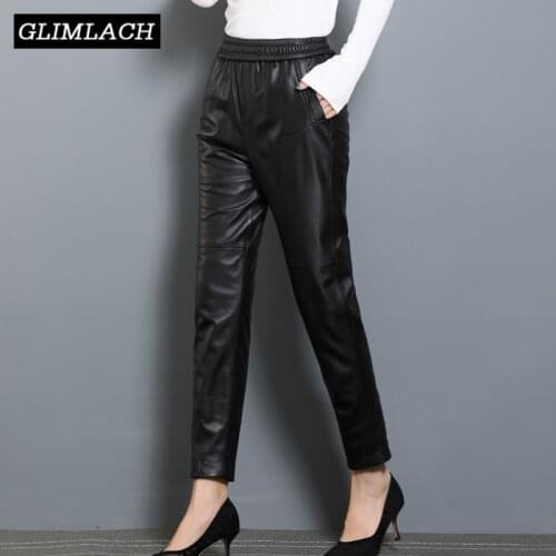 Office Lady Elastic Waist Genuine Leather Pants Women Slim Korean Real Leather Pencil Pants Natural Lambskin Plus Size Trousers