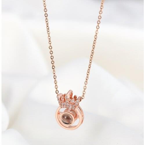 Romantic Luxury Rose Gold Color Crystal Crown Necklace For Women Sweet Wedding Party Jewelry Girls Birthday Gift Accessories
