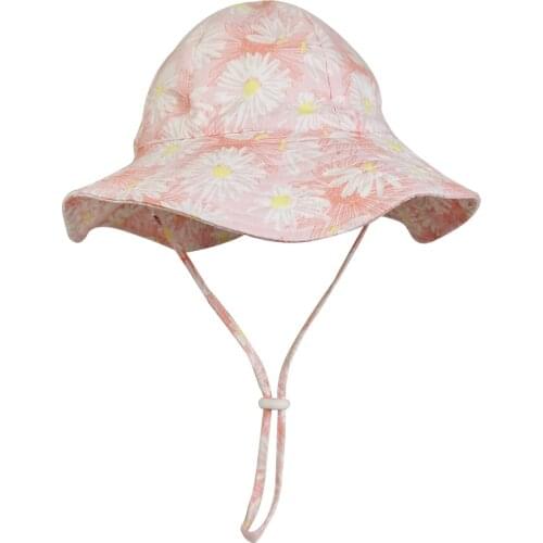 Summer Hat Girl Pink Flowers Bucket Hat Sun Beach Wide Brim Detachable String Cap Holiday Outdoor Accessory For Baby Kids Spring