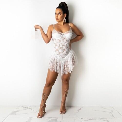 JRRY Sexy Women Mini Dress Spaghetti Strap Floral Lace Short Dresses