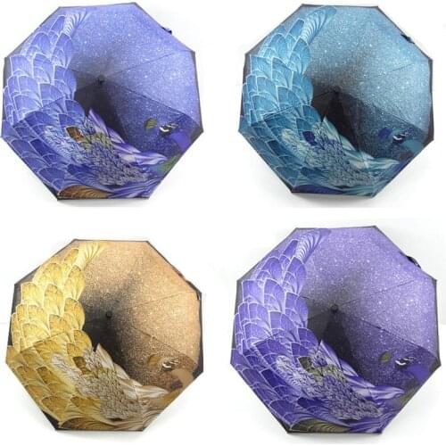 Fully Automatic Three-fold Peacock Sunscreen Umbrella Retro Rain Umbrella Vinyl Sun Umbrella Ladies Dual-use Umbrella Windproof