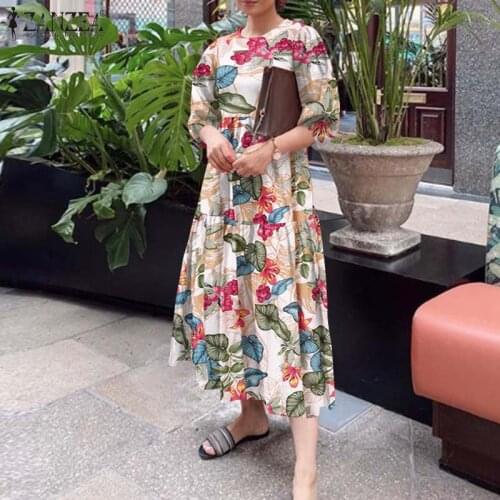 Spring Long Sleeve Kaftan Vestido Ruffles Sundress ZANZEA Muslim Women Vintage Floral Printed Abaya Turkey Hijab Dress Oversized