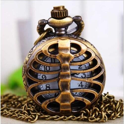Vintage Bronze bones Fashion quartz Modern hours Hollow quartz pendant Necklace pocket watches PB369