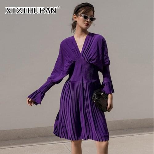 XIZIHUPAN Ruched Dress For Women V Neck Flare Long Sleeve High Waist Loose Pleated Vintage Mid Dresses Female 2021 Fashion Style