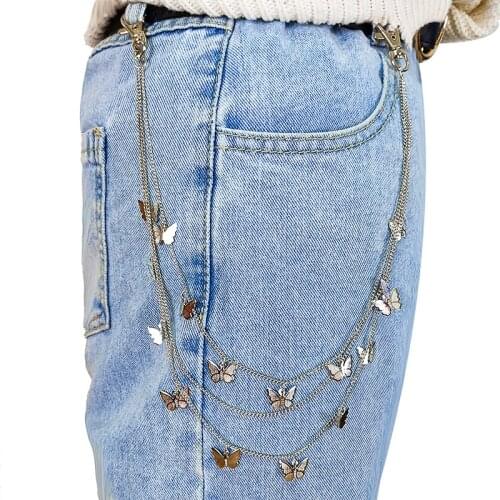 Punk Trendy Gold Silver Color Multilayered Pants Chain Waist for Women Long Tassel Butterfly Dangle Jeans Chain 2021 Jewelry