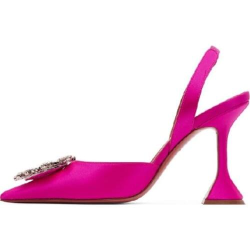 Woman Sandals Italy Pink Satin Begum Sling Heels Pointed Toe Pumps Crystal Slingback Strap Sculptural Heel Shoes