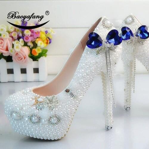 2019 New arrival Womens wedding shoes white pearl Bridal party dress shoes blue butterfly-knot Woman High heels platform shoe