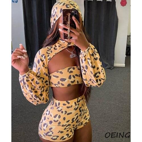 2021 Summer Leopard Print 2 Piece Sets Women Shorts and Hoodies Exercise Clothing Outfits Tracksuit
