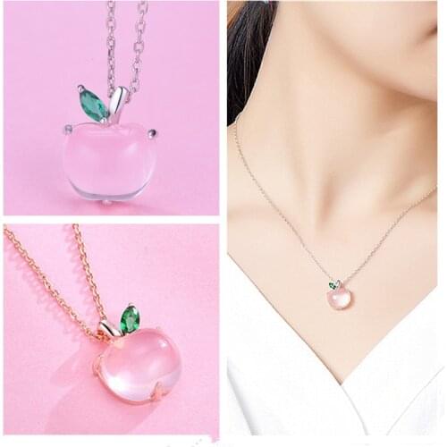 Cute Crystal Pink Apple Pendant Necklaces For Women Jewelry Trendy Silver 925 Necklace Female Bright Rose Gold Choker Bijou
