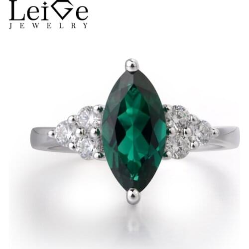 LeiGe Jewelry Emerald Engagement Wedding Rings Marquise Shape Green Gemstone Rings May Birthstone Solid 925 Sterling Silver
