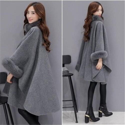 2021 Winter Womens Cloak Big Fur Collar Plus Size Wool Coat Long Winter Jackets Parka Coats Outerwear