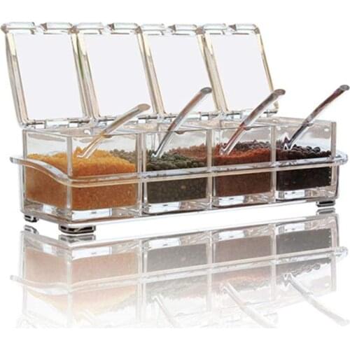 4pcs Clear Seasoning Rack Spice Pots Acrylic Seasoning Box Storage Container Condiment Jars Cruet with Cover and Spoon