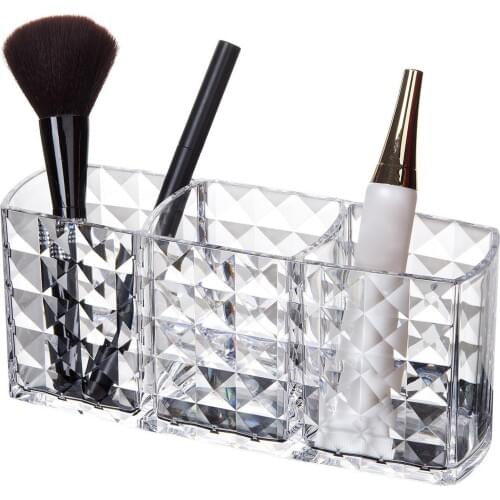 Acrylic Cosmetic Storage Box Makeup Brush Holder Organizer Lipstick Eyebrow Pencil Bathroom Storage Display Case 3 Compartments