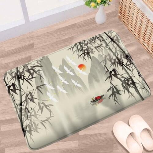 Chinese Style Bamboo Bath Mat Ink Painting Scenery Green Plant Pattern Non-slip Rugs Home Decor Bathroom Kitchen Entrance Carpet
