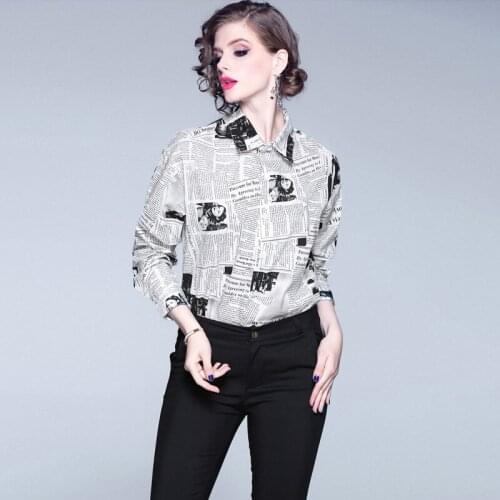 Big Size Blouse Women Loose Type blusas mujer de moda Newspaper Print Shirts Femme Turn Down Collar tunique Mujer Sexy Outwear