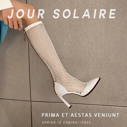 【JOCHEBED HU】2021 New High Heels Sexy Summer Mesh Pointed Toe Zipper Party Wedding Shoes Women Ankle Boots