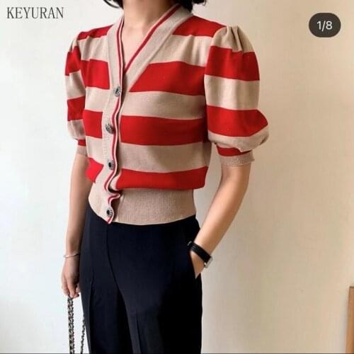 Women Striped Cardigan Sweater Summer Casual Ice Silk Knitted Half Sleeve Short Cardigan V Neck Female Knit Shirt Chic Loose Top