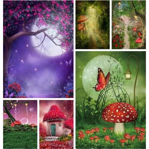 Laeacco Baby Shower Backdrops Flowers Butterfly Bokeh Fairy Forest Mushroom Baby Newborn Photography Backgrounds Photo Studio