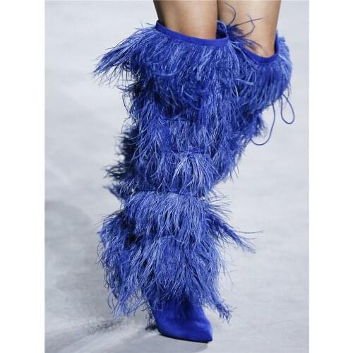 MKKHOU Fashion Knee-length Boots Women New Pointed Feather High Heel Catwalk Boots Multicolor Custom Tassel Boots High Boots