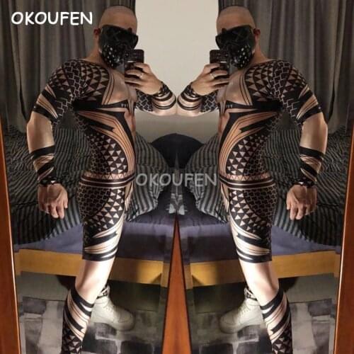 Halloween costumes For Men adult stage Rivet print 3D Tattoo Jumpsuits nightclub Male singer Ds Dance Team Party dress Costumes