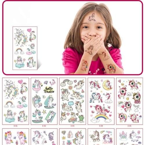 10 Sheets/Set Children Cute Cartoon Unicorn Temporary Tattoo Stickers Baby Shower Kids Body Makeup Sticker Tattoos