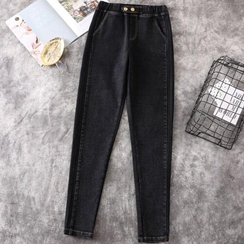 Herfst Elastische Taille Vrouwen Jeans Hoge Taille Harembroek Vrouw Plus Size Stretch Skinny Enkellange Jeans Mujer Knoppen zwar