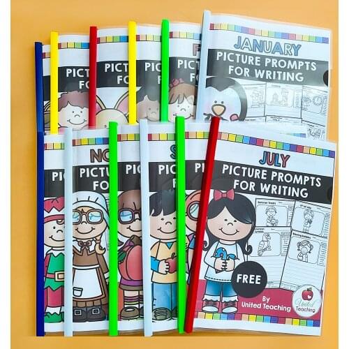 12 Months of Picture Prompts for Writing Worksheet Grades 1-3 In English Books Workbook for Kids Classroom Supplies