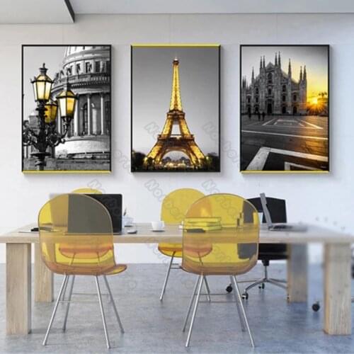 European Style Canvas Painting Poster Attractive Cities Quaint Buildings Yellow Street Lamp Landscape Sunset for Home Room Decor