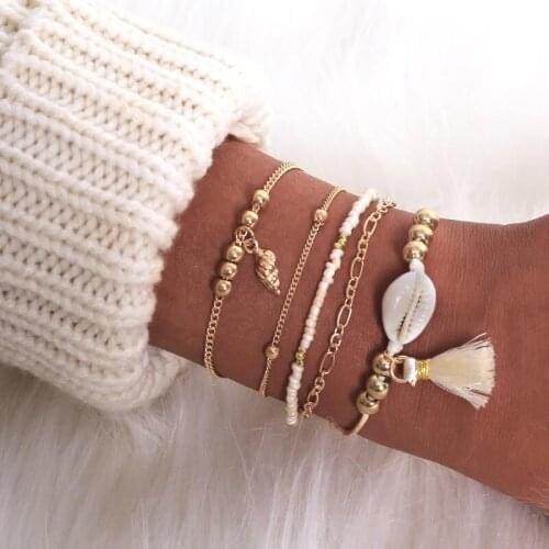 Shell conch Pink Tassel Star Anklets Summer Beach Jewelry Charms Bracelets For Women Cuff Bangle Female Party Jewelry Gift