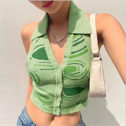 Halter Sleeveless Knitted Crop Top Women Sexy Backless Y2K Tanks Tops Summer Print V Neck Vest Ladies Button Knitwear Clothes