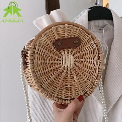 Fashion Pearl Chain Ladies Straw Bag Female Handbag Summer New Rattan Bag Handmade Woven Bohemia Beach Shoulder Messenger Bags