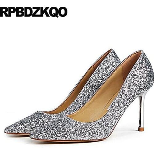 Prom pumps 8cm party golden ladies gold glitter shoes size 4 34 thin silver luxury customized pointed toe dress 2018 high heels