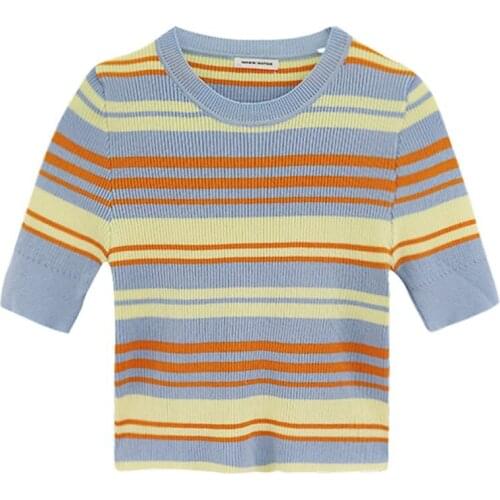 Women Rainbow Striped Tshirt Summer Sweet Slim Short Knitted Short-sleeved T-shirt Slimming Tee Tops